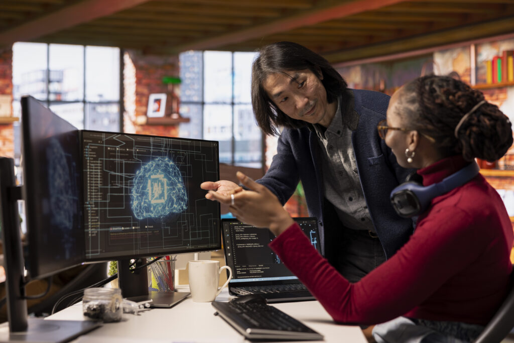 A futuristic dashboard tracks AI overviews, optimization success with rising charts, and badges.