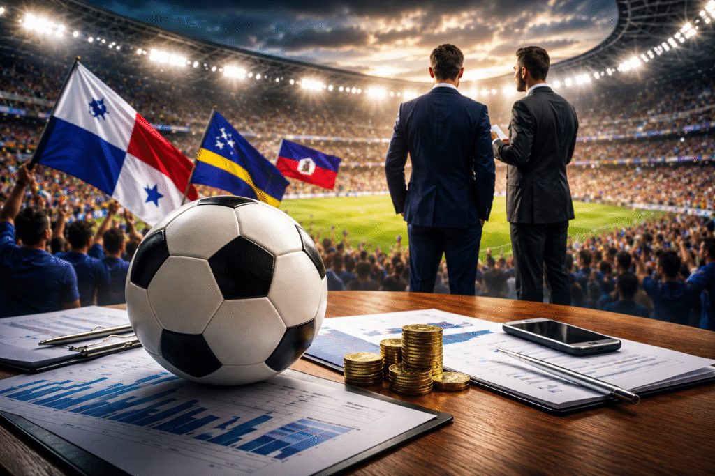 Panama, Curacao and Haiti flags at a World Cup 2026 stadium beside business strategy documents