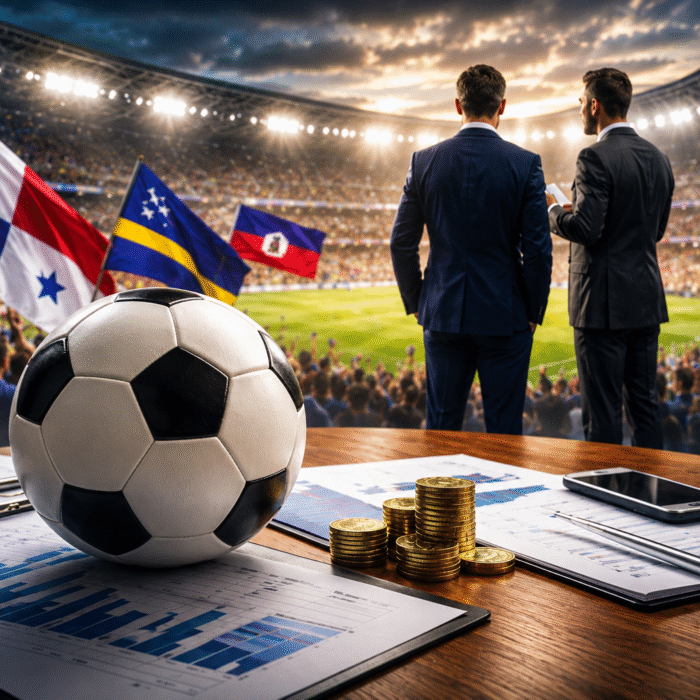 Panama, Curacao and Haiti flags at a World Cup 2026 stadium beside business strategy documents